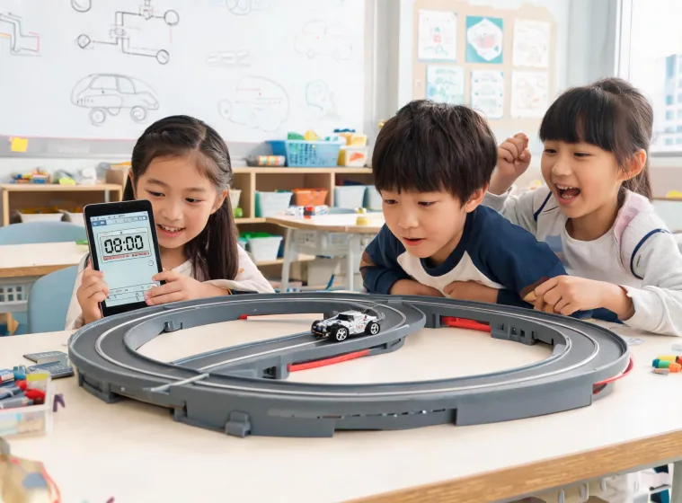 Kids measuring lap times with RC cars