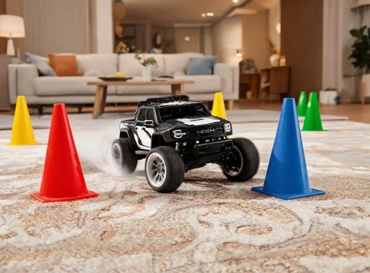 RC truck drifting on carpet cones