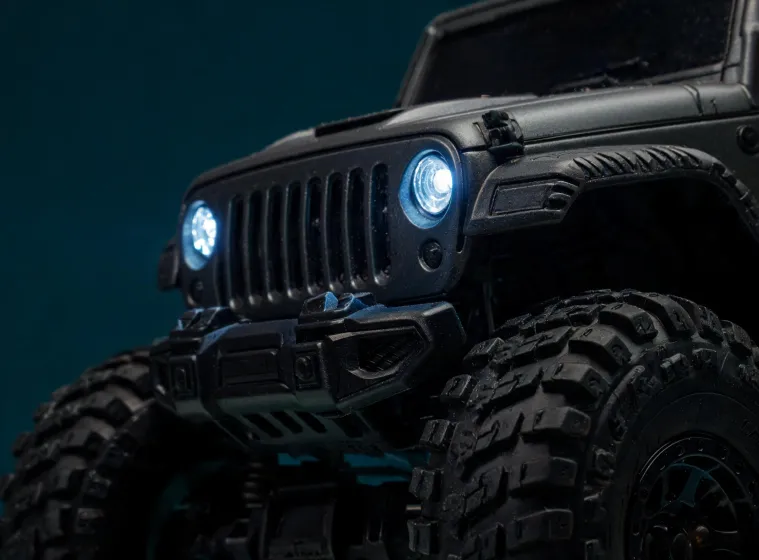 Close-up of rubber tires and LED lights