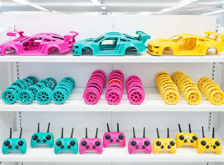 Shelf of colorful RC shells and wheels