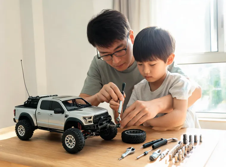 Parent and child changing an RC tire