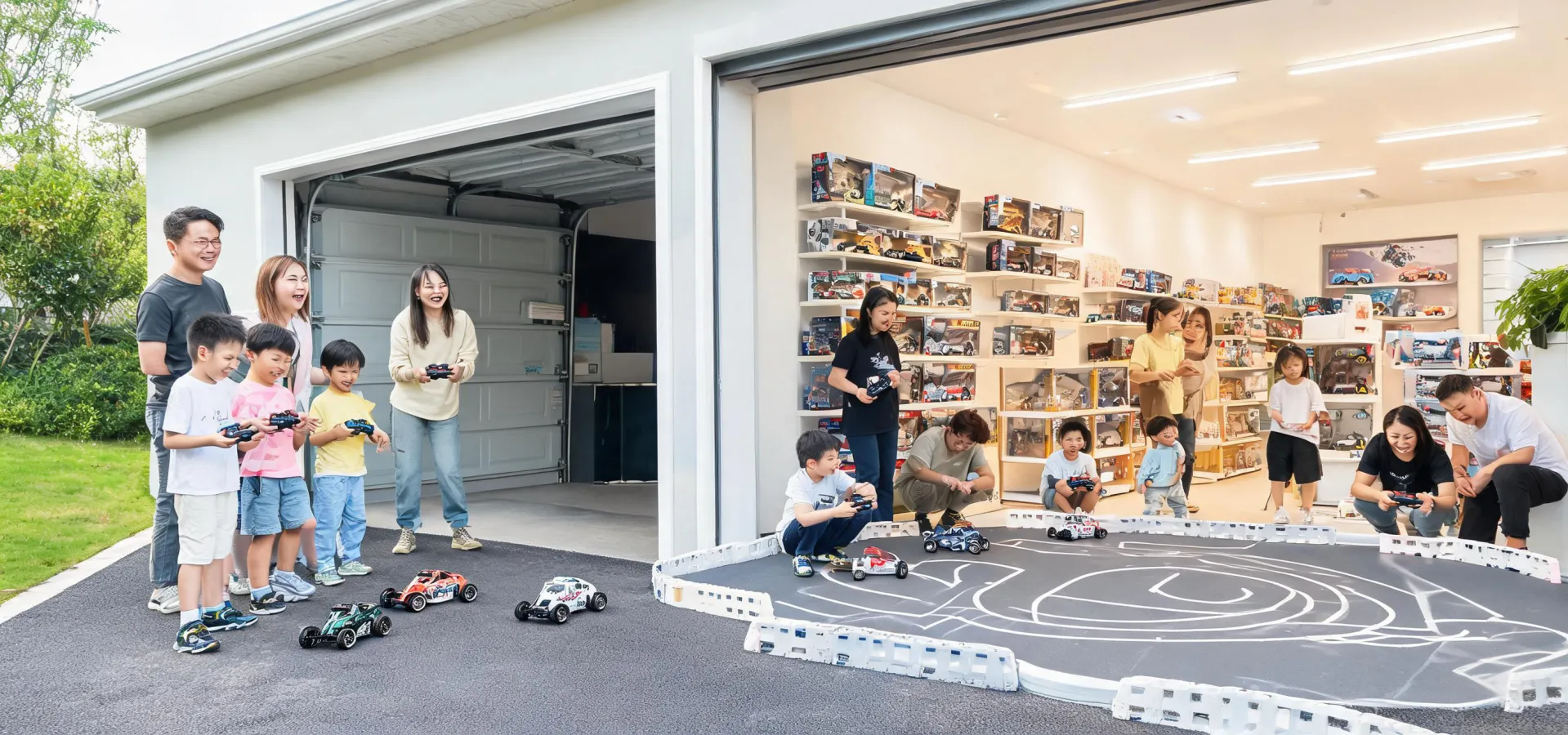 Children and parents using RC toys across play settings