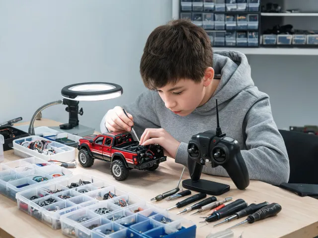 Older kid tuning RC truck at hobby bench
