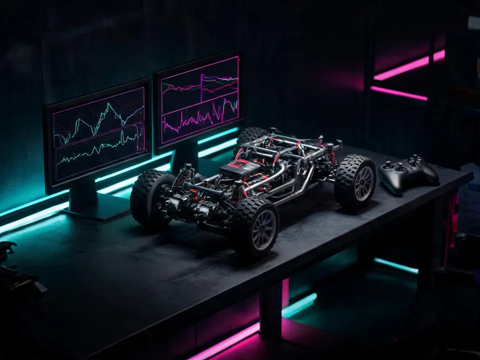RC electric toy technology lab with telemetry screens