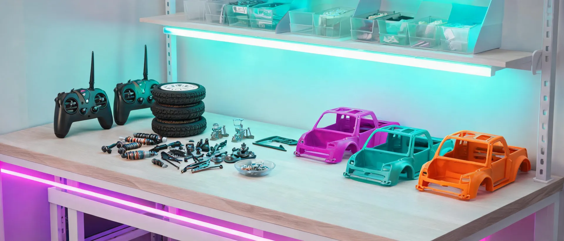Arrma RC service bench with parts and controllers